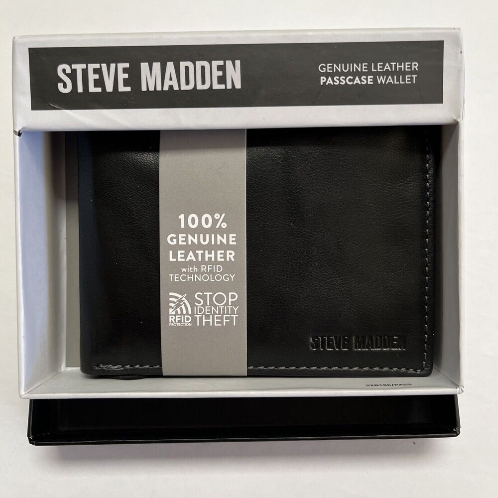 Steve Madden Black Wallet Genuine Leather Passcase Bifold RFID Protection
